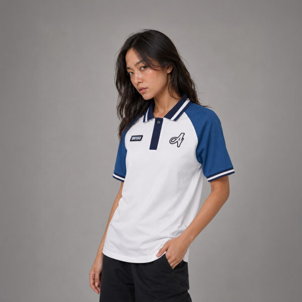 AE607 เสื้อโปโลแขนสั้น สีขาว/น้ำเงิน