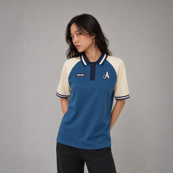 AE608 เสื้อโปโลแขนสั้น สีน้ำเงิน/ครีม