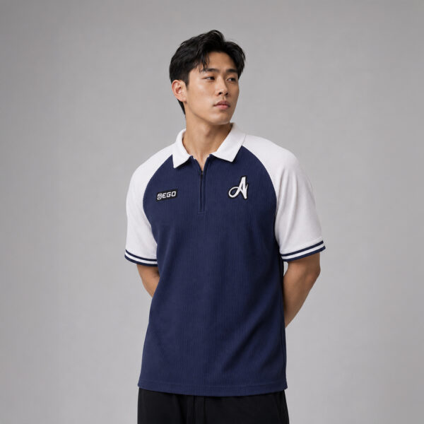 AE609 เสื้อโปโลแขนสั้นมีซิป สีกรม/ขาว
